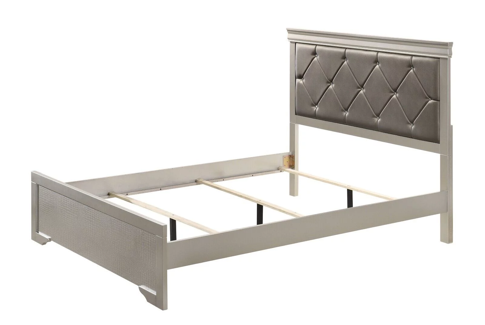 4Pc Silver Finish California King Size Panel Upholstery Bed Dresser Mirror Nightstand Set Wooden Bedroom Furniture