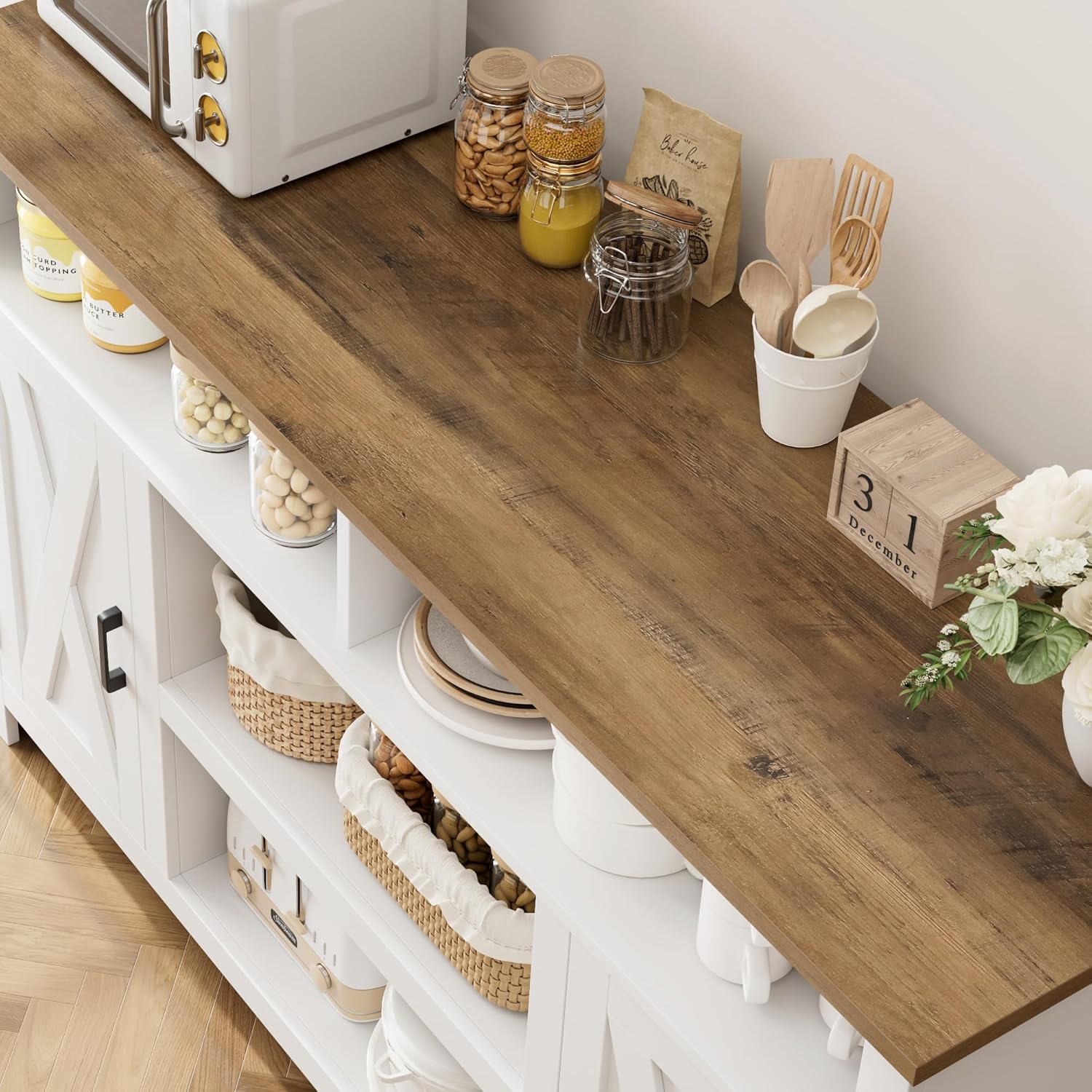 HOSTACK 55'' Modern Farmhouse Sideboard Buffet Cabinet with Storage, Large Barn Door Coffee Bar Station, Wood Kitchen Storage Cabinet with Shelves, Accent Cabinet Console Table for Living Room, White