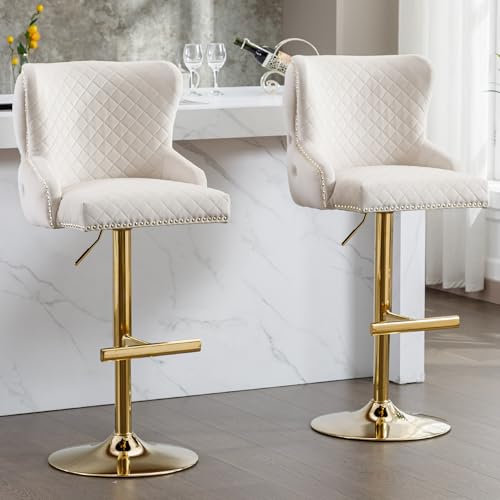 Velvet Barstools Set of 2, Counter Height Adjustable Swivel Barchairs with Golden Lion Head Ring, Thicken Padded Tufted Backrest Chrome Nailhead Trim Bar Stools for Kitchen(Beige)