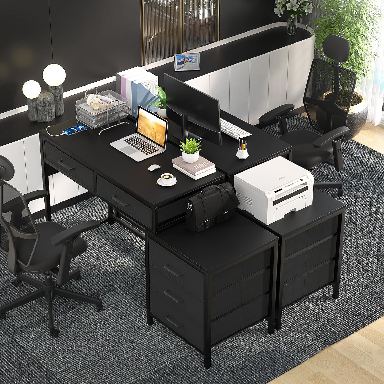 Computer Desk with 5 Drawers, Reversible Office Desk with Power Outlets and USB Charging Ports, Sturdy Writing Table with File Cabinet and Printer Stand, Laptop Desk for Small Spaces, Black