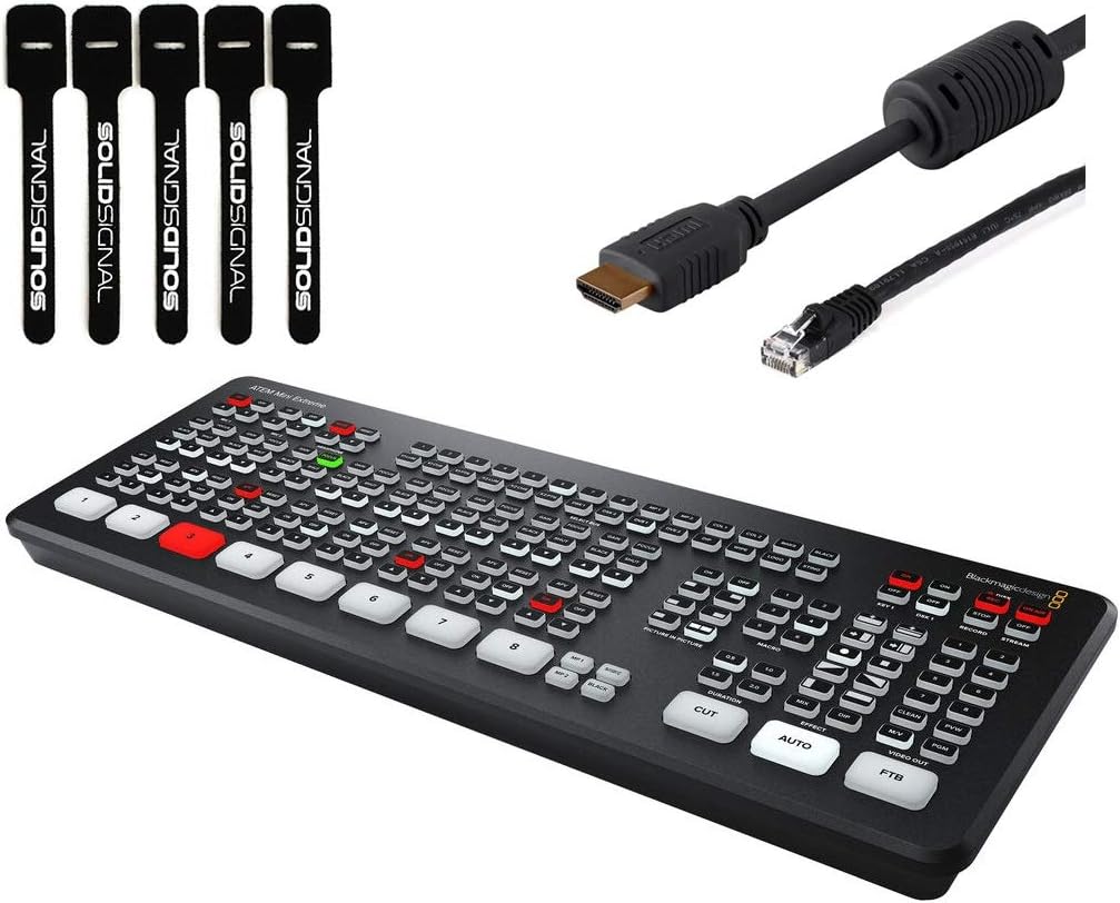 Blackmagic Design ATEM Mini Extreme HDMI Live Stream Switcher Bundle with 6’ HDMI Cable, 7’ Cat5e Cable, and 5-Pack of Solid Signal Cable Ties (SWATEMMINICEXT)…