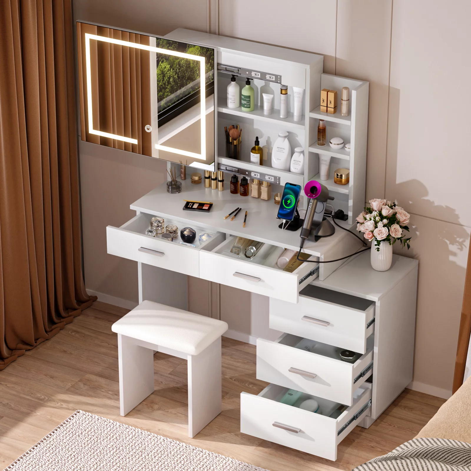 Large Makeup Vanity Desk with Sliding Lighted Mirror Power Outlet Movable 3-Drawer Chest and Shelves White