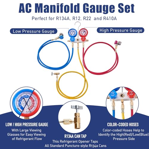BACOENG AC Vacuum Pump and Gauge Set, HVAC Vacuum Pump and Manifold Gauge Set for R134a R410a R12 R22 Refrigerants, with Can Tap and Quick Couplers
