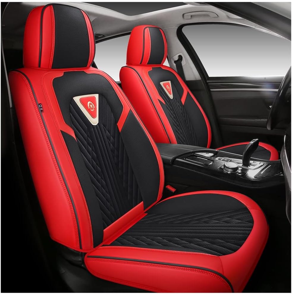 YHCBNKI01 Luxury PU Leather Auto Car Seat Covers 5 Seats Full Set Universal Fit (Red-Black)