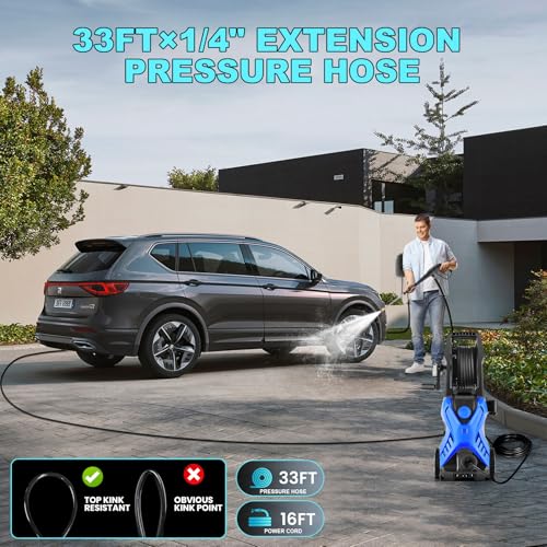 5000 PSI Adjustable Pressure Washer 2.8GPM Electric Power Washer with 33ft Pressure hose, 4 Nozzle and Foam Cannon, Powerwashers for home, Cars, Pressure Setting Range (2500PSI-4500PSI)Green