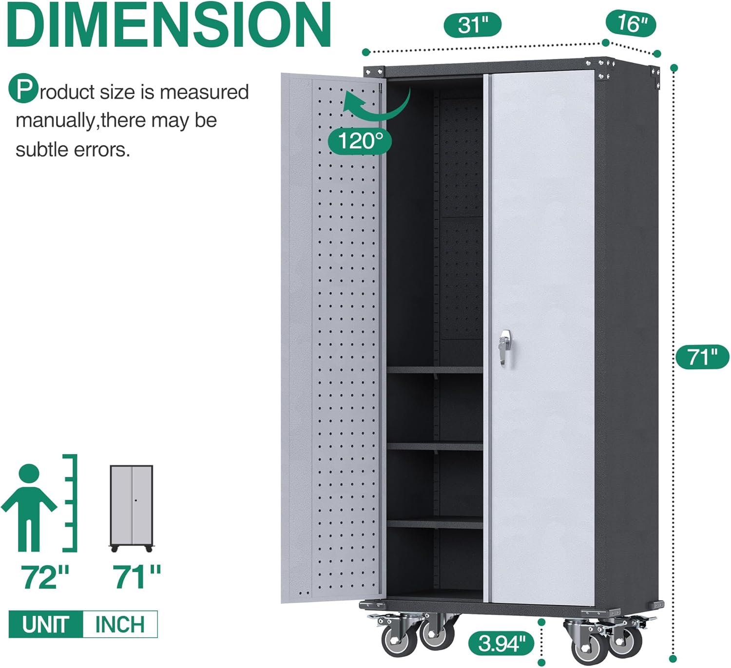 Metal Storage Cabinet with Pegboard and Wheels, Metal Utility Cabinets for Garage, Kitchen, Office Basement, Assembly Required