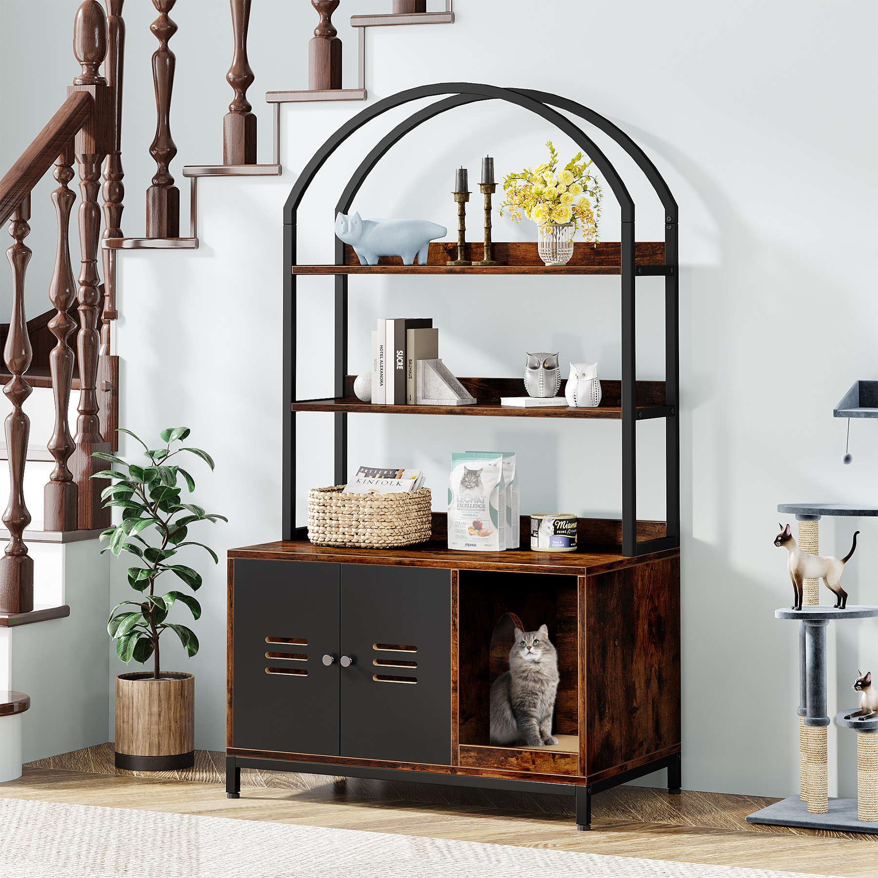 Tribesigns Cat Litter Box Enclosure Furniture, Hidden Litter Box Cabinet with Shelves, Wood Disguise Cat Washroom Pet House Cat Box with Doors, Industrial Cat Cabinet for Living Room, Bedroom