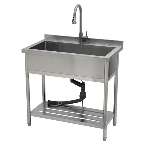 Lordear Stainless Steel Utility Sink 24 Inch - 24"x21" Freestanding Stainless Steel Kitchen Sink Single Bowl Commercial and Residential Use for Laundry Room Garage Outdoor and Kitchen