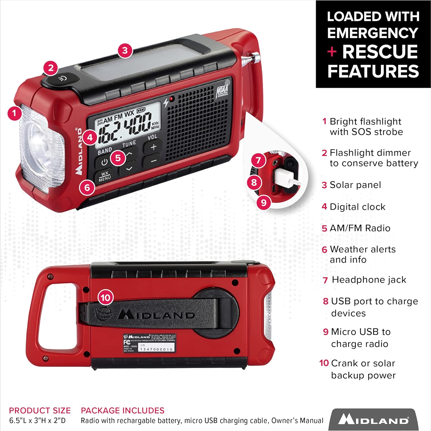 Midland - ER310, Emergency Crank Weather AM/FM Radio - Multiple Power Sources, SOS Emergency Flashlight, Ultrasonic Dog Whistle, & NOAA Weather Scan + Alert (Red/Black)