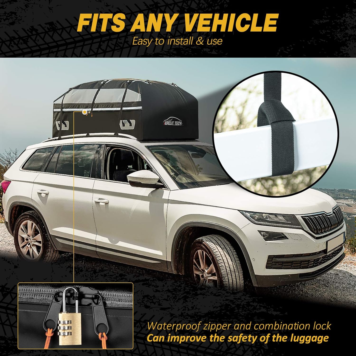 AURELIO TECH 20 Cubic Feet Car Rooftop Cargo Carrier Bag, 100% Waterproof, Anti-Tear 900D PVC Tarpaulin Roof Top Carrier, with Anti-Slip Mat, 6 Door Hooks, Suitable for All Vehicle with/Without Rack