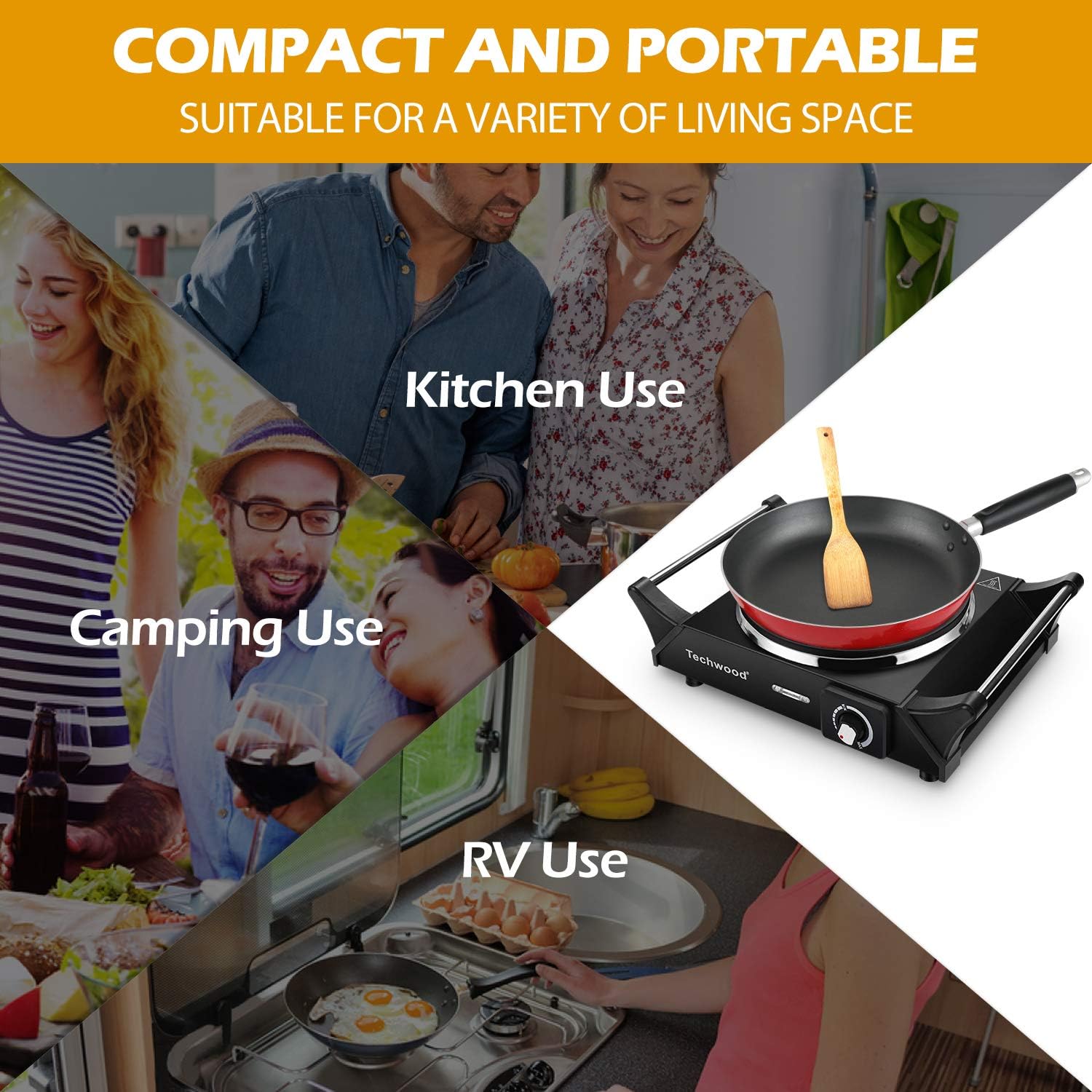 Hot Plate, Techwood Portable Electric Stove for cooking, 1200W Countertop Infrared Single Burner with Handles & 7.5&rdquo; Glass Cooktop for RV/Home/Camp, Compatible for All Cookwares Upgraded Version