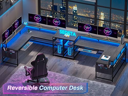 SEDETA L Shaped Gaming Desk, Reversible Computer Desk, Gaming Desk with Power Outlets & LED Strip, Monitor Shelf, Keyboard Tray, Pegboard and Storage Shelves for Home Office, Black