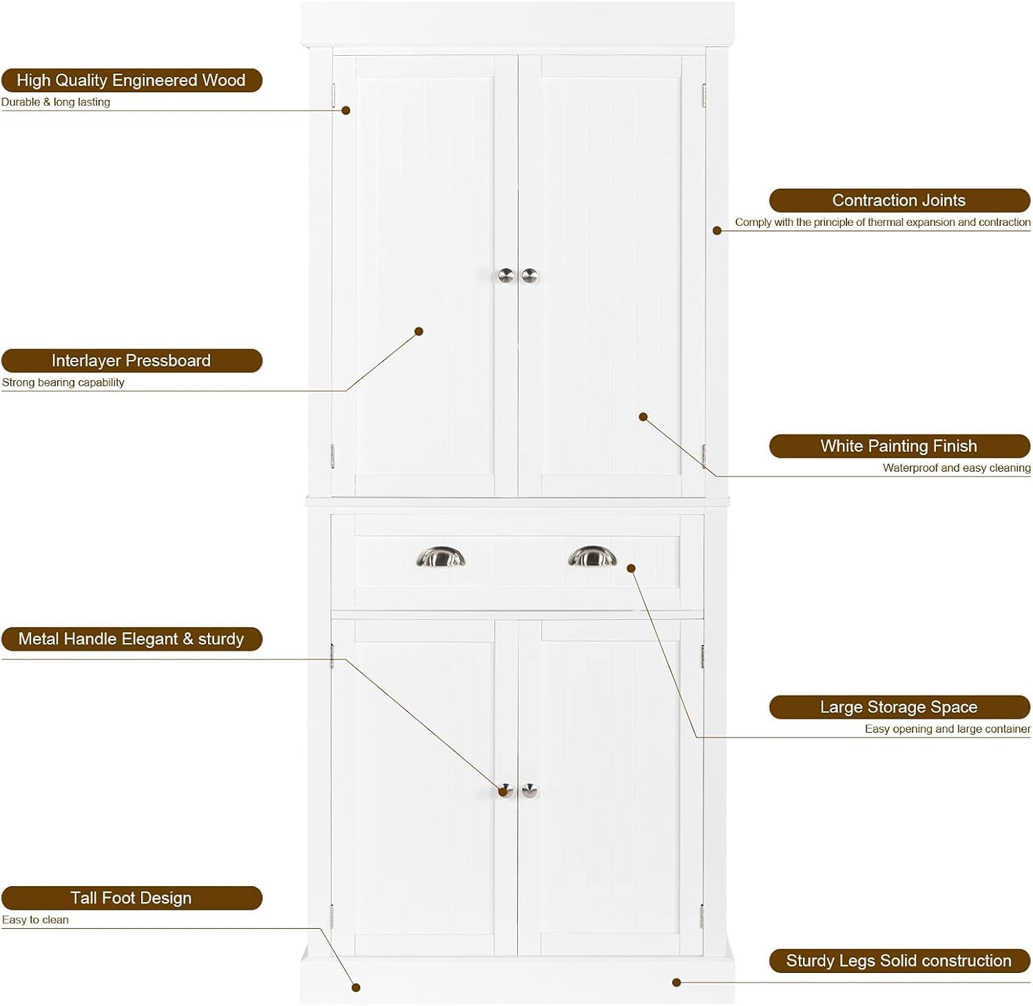 VINGLI 72" Tall Pantry Cabinet, Freestanding Kitchen Pantry Storage Cabinet with Doors and Shelves Adjustable, Wood Pantry with Drawer for Kitchen, Assembly Required, White