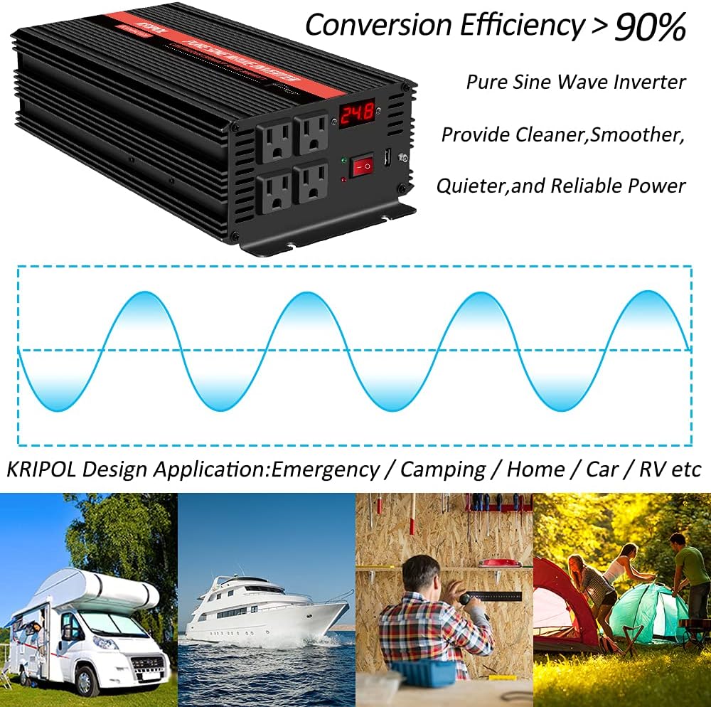 1000 Watt Pure Sine Wave Inverter 12v DC to 110/120v AC, Car Converter Inverter 4 AC&USB Output, Wireless Remote Control(170ft), Power Adapter for Home/Outdoor/RV/Emergency(1000W-12V)