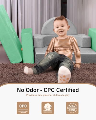 YEFU 15pcs Modular Kids Play Couch Convertible Foam, Toddler Couch Play Set for Creative Play, Kids Modular Couch Sofa for Playroom, Bedroom, Gray