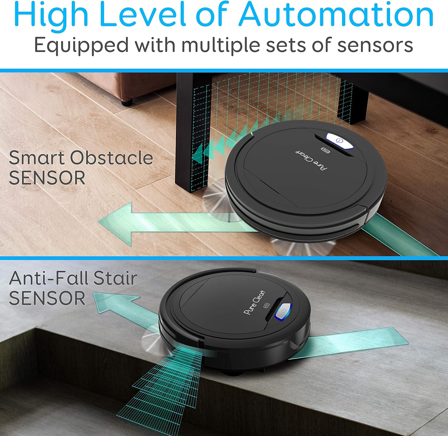 Pure Clean Robot Vacuum Cleaner - Upgraded Lithium Battery 90 Min Run Time - Automatic Bot Self Detects Stairs Pet Hair Allergies Friendly Robotic Home Cleaning for Carpet Hardwood Floor