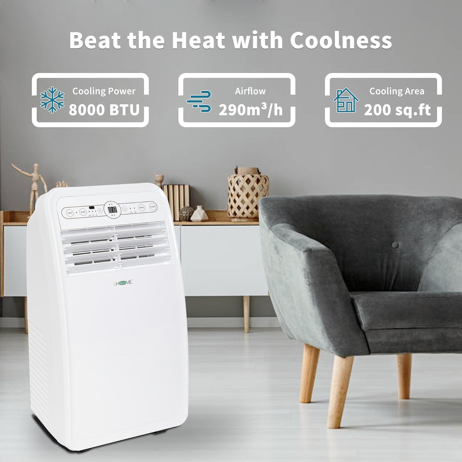 8000 BTU Portable Air Conditioner, 3-in-1 function Portable AC unit with Cooling, Dehumidifier, Fan, White, 24H Timer