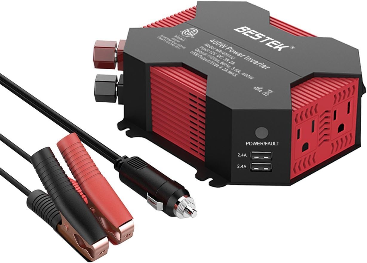 BESTEK 400W/500W DC 12V 110V Inverter with 4 USB Charging Ports, Power Converter with 2 AC Outlets Battery Clip Charger, Car Adapter (Upgrade Version) Pack of 2