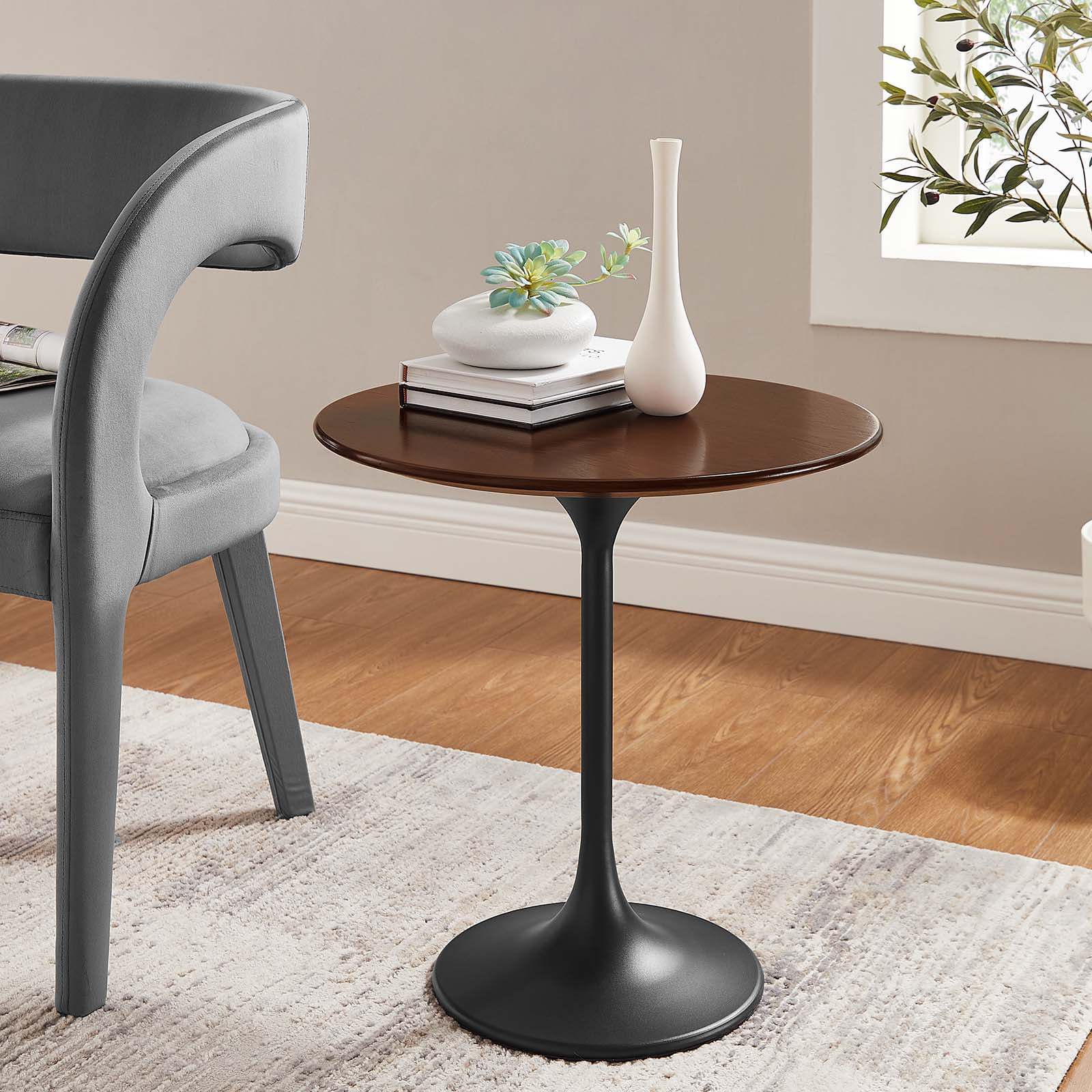 Modway Lippa 20" Round Wood Grain Side Table in Black Walnut