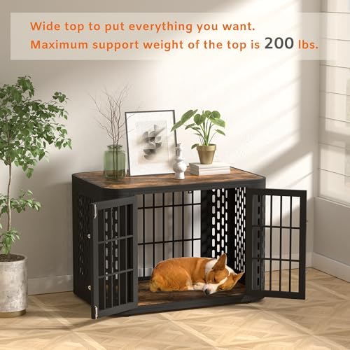 Rounded Corner Dog Crate Furniture, 42 inch Heavy Duty Kennel for Medium and Large Dogs, Decorative Pet Cage End Table Indoor