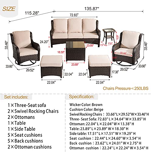 Patio Furniture Outdoor Furniture All Weather Wicker 7 Pieces Conversation Set with Swivel Rocking Chairs Matching Side Table,High Back Sofa,Ottomans and Coffee Table,Grey Wicker Denim Blue