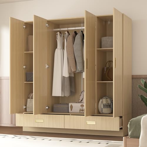Homsee 82.7" H Modern Armoire Wardrobe Closet with 8 Doors and 2 Drawers, Clothing Storage Cabinet with 3-Tier Shelves and Hanging Rod for Bedroom, Light Brown Wood Grain