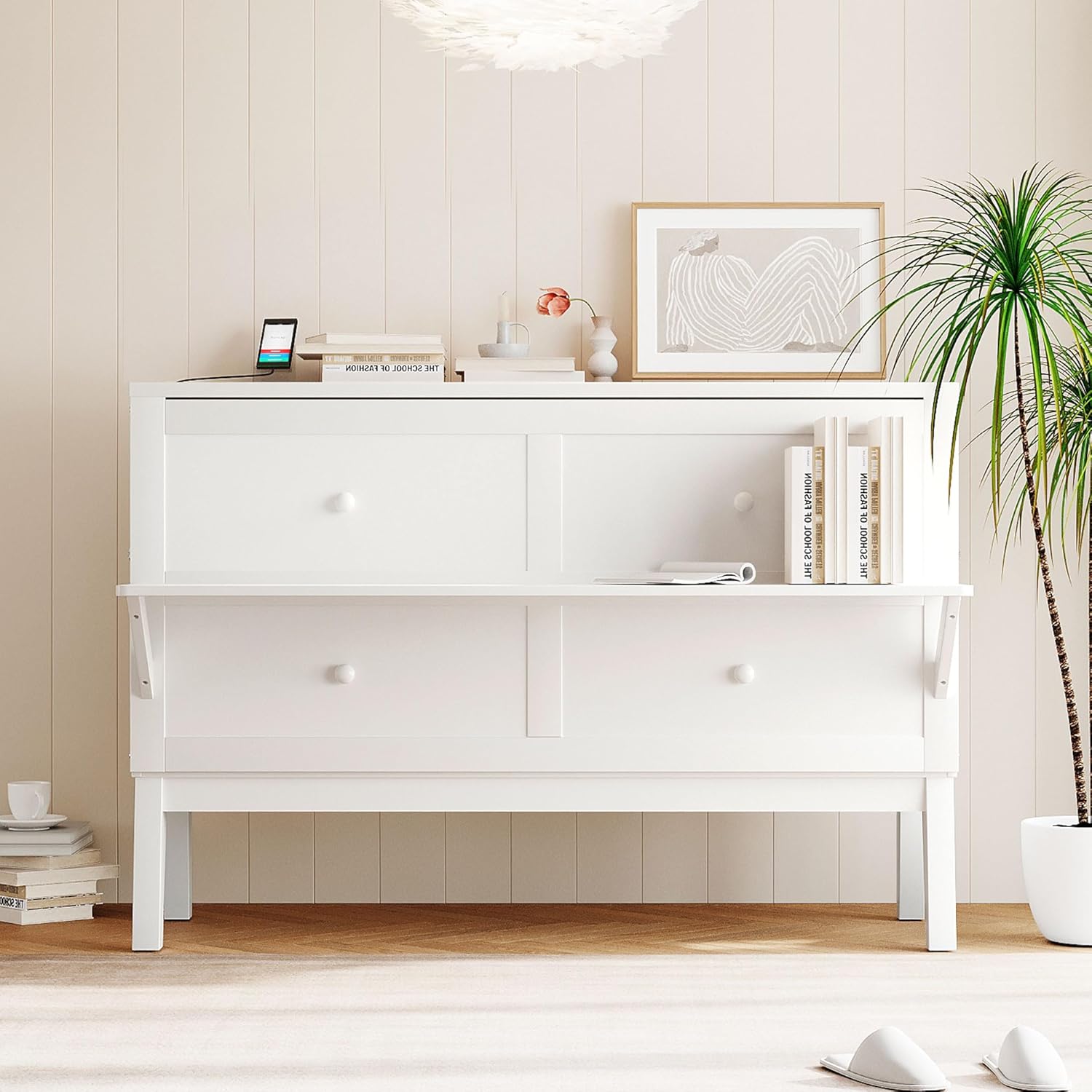 Queen Size Murphy Bed with USB Port & Removable Shelves for Bedroom, Living Room, Foldable Canbinet Bedframe w/Wooden Slat Support, No Spring Box Needed, White