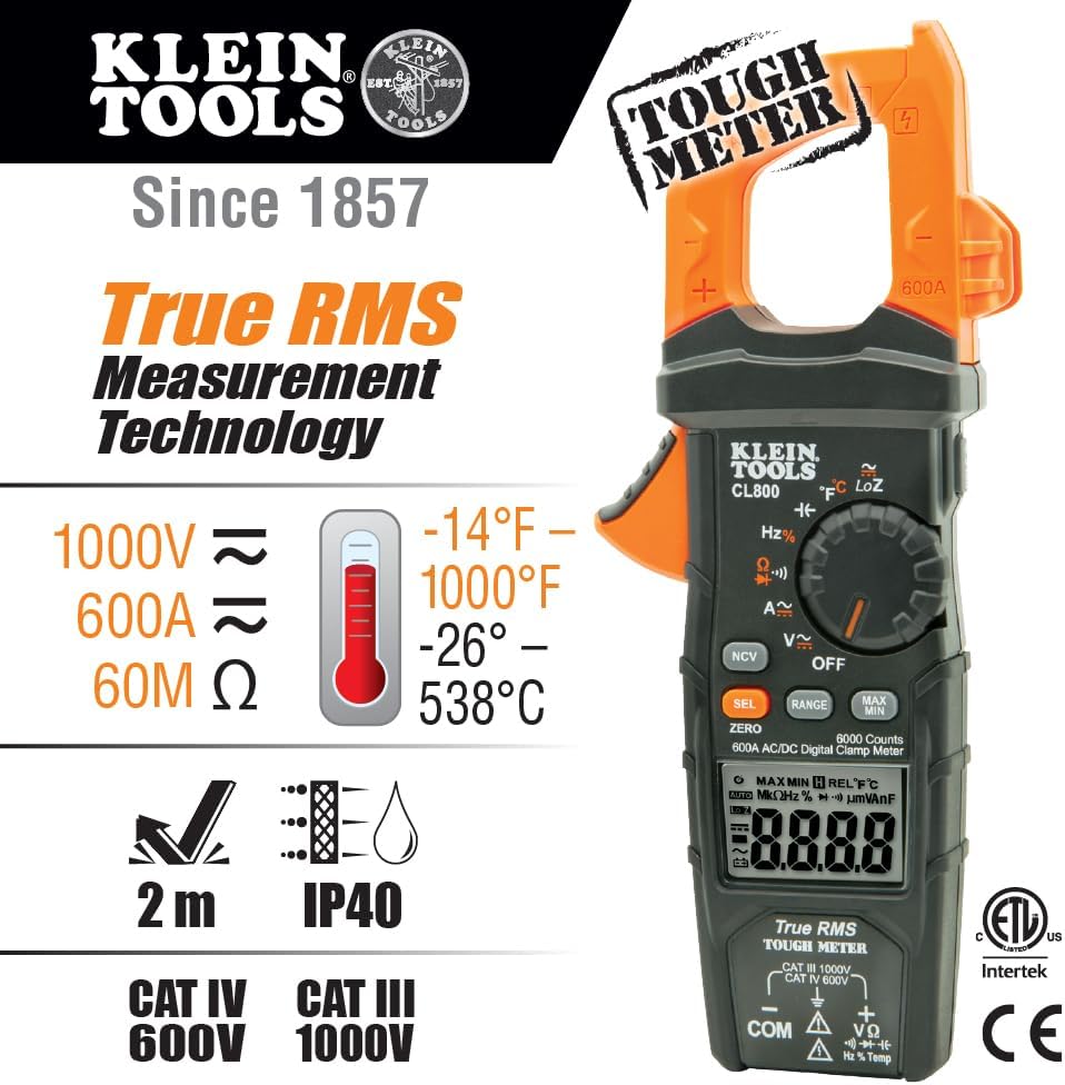 Klein Tools CL800 Digital Clamp Meter, Auto Ranging TRMS, AC/DC Volt/Current, LoZ, Continuity, Frequency, Capacitance, NCVT, Temp, More 1000V