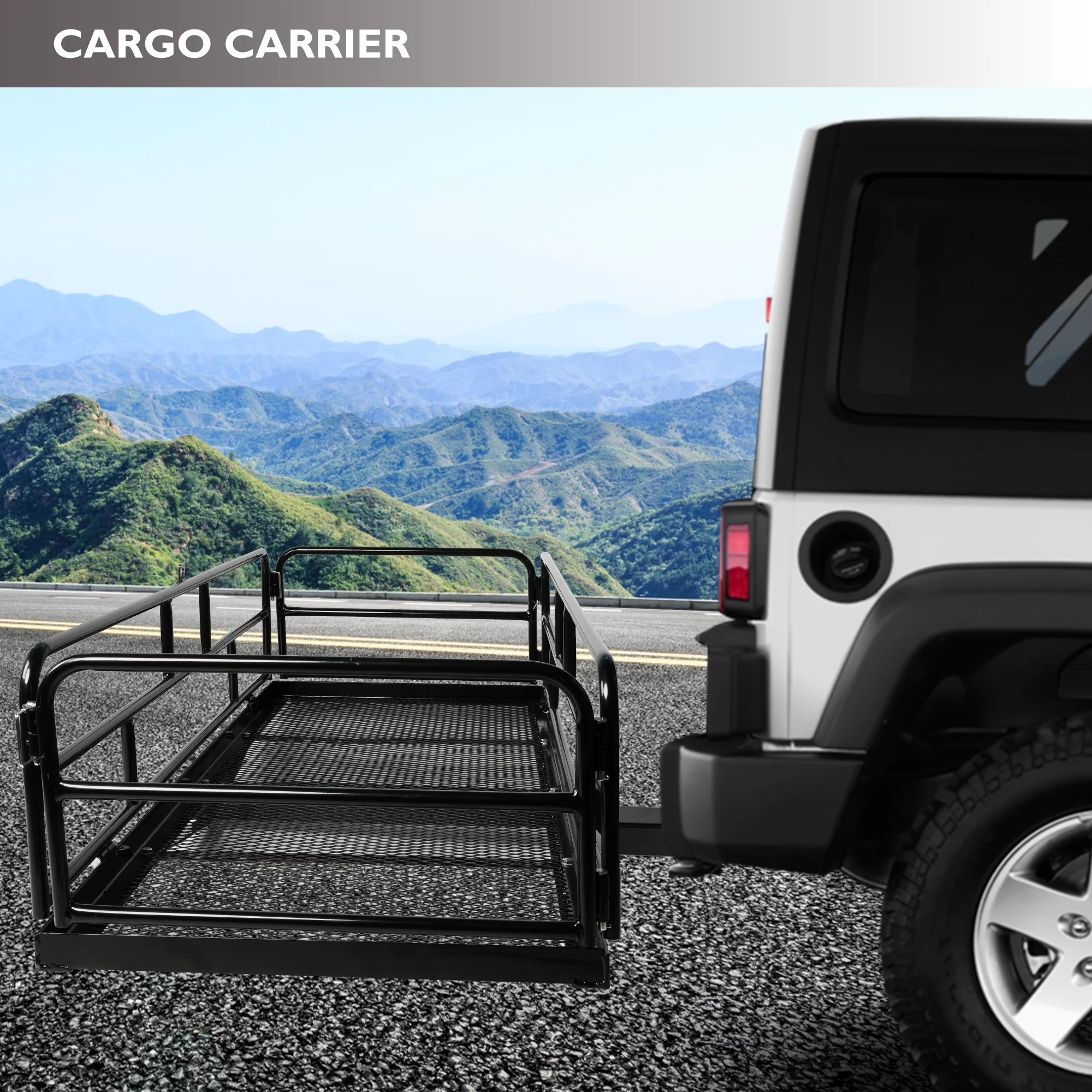 60" X 24" X 14" Folding Hitch Mount Cargo Carrier, 500lb Heavy Duty Capacity Rear Cargo Luggage Rack Basket, Foldable Hitch Mount Cargo Trailer Fits 2" Receiver for Car SUV Camping Traveling