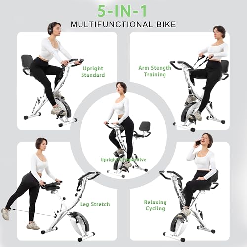 BARWING Stationary Exercise Bike for Home Workout, 5 IN 1 Foldable Indoor Cycling Bike for Seniors, 350LB Capacity, 16-Level Magnetic Resistance, Seat Backrest Adjustments