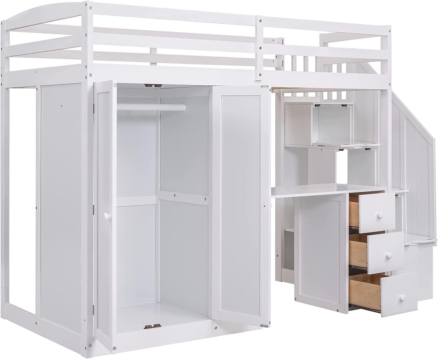 Loft Bed With Stairs And Wardrobe, Solid Wood Loft Bed Frame With Desk And Storage Drawers, Cabinet, For Kids Teens Adults ( Size, White)