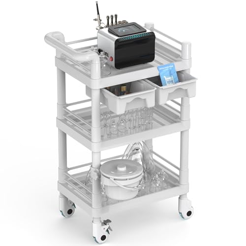 Beauty Trolley Cart with Wheels, Esthetician Cart with Handrail, Bucket and 2 Big Drawer, 2 Tier Heavy Duty Beauty Salon SPA Cart, Load 330lbs, 360° Rotate Silent Wheels