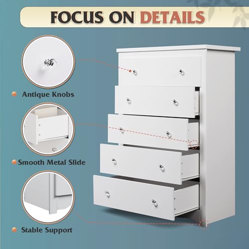 WLIVE Wood Dresser with 5 Drawers, Black Wooden Storage Cabinet, Organizer Drawers for Bedroom, Living Room, Hallway, Measuring 15.75" W * 31.50" D * 45.35" H ﻿