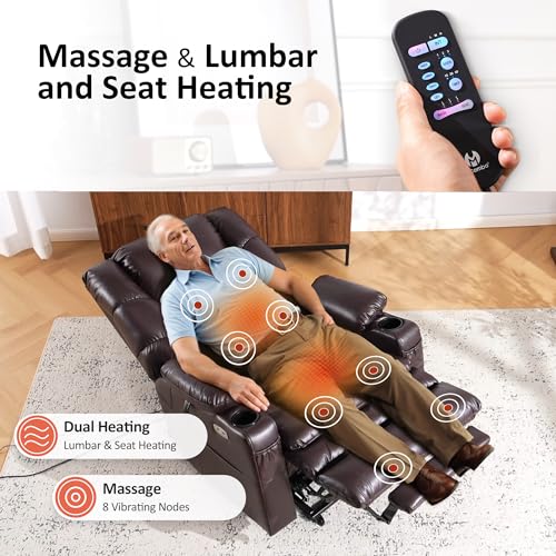 MCombo Large Triple Motor Power Lift Recliner Chair with Massage and Dual Heating, Adjustable Headrest for Tall Elderly People, Faux Leather 7634 (Dark Brown, Large)