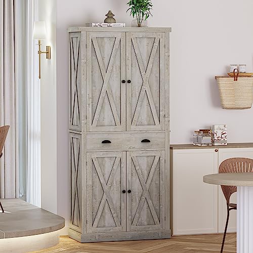 IRONCK Kitchen Pantry Storage Cabinet 72.6" H, with Barn Doors, Drawer, 4 Adjustable Shelves, Freestanding Cupboard for Dining Room Living Room, Laundry, White