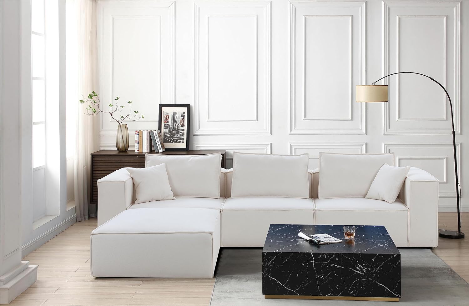 129.13 inches L Shaped Modular Sofa Couch with Ottoman, White Sectional Sofa with Reversible Chaise for Living Room Apartment Home Office (3 Seat)