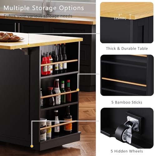53" Rolling Large Kitchen Island Set with Power Outlet,Mobile Carts with Storage Cabinet,Extra Drop Leaf,3 Drawers and 5 Open Side Racks,Wood Table for Dining Room (Island & Stools)