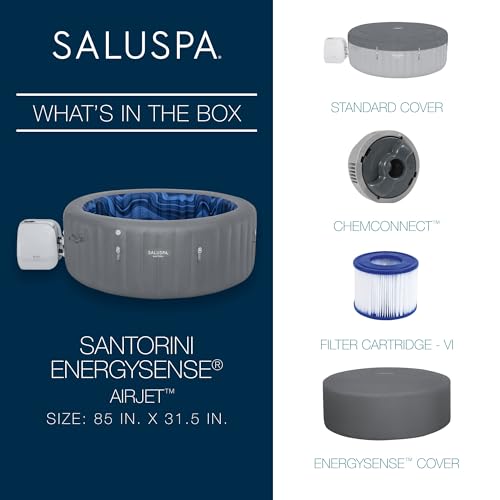 Bestway SaluSpa Santorini HydroJet 5 to 7 Inflatable Hot TubRound Portable Outdoor Spa with 180 Soothing Jets and Cover, Gray