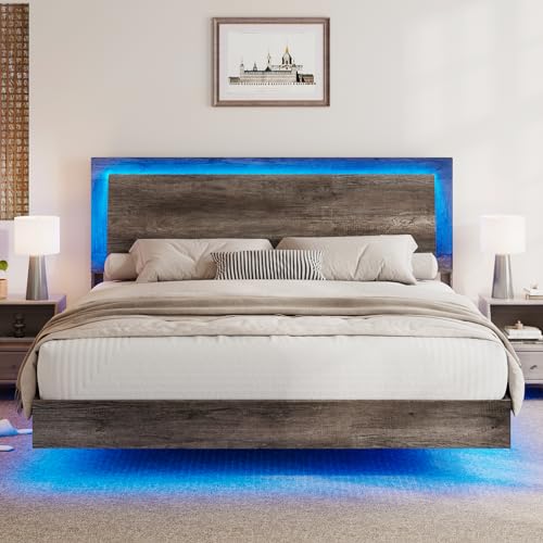 Full Size Floating Bed Frame, Farmhouse Platform Bed Frame with Headboard and LED Light/No Box Spring Needed/Noise Free/Easy Assembly, Rustic Grey