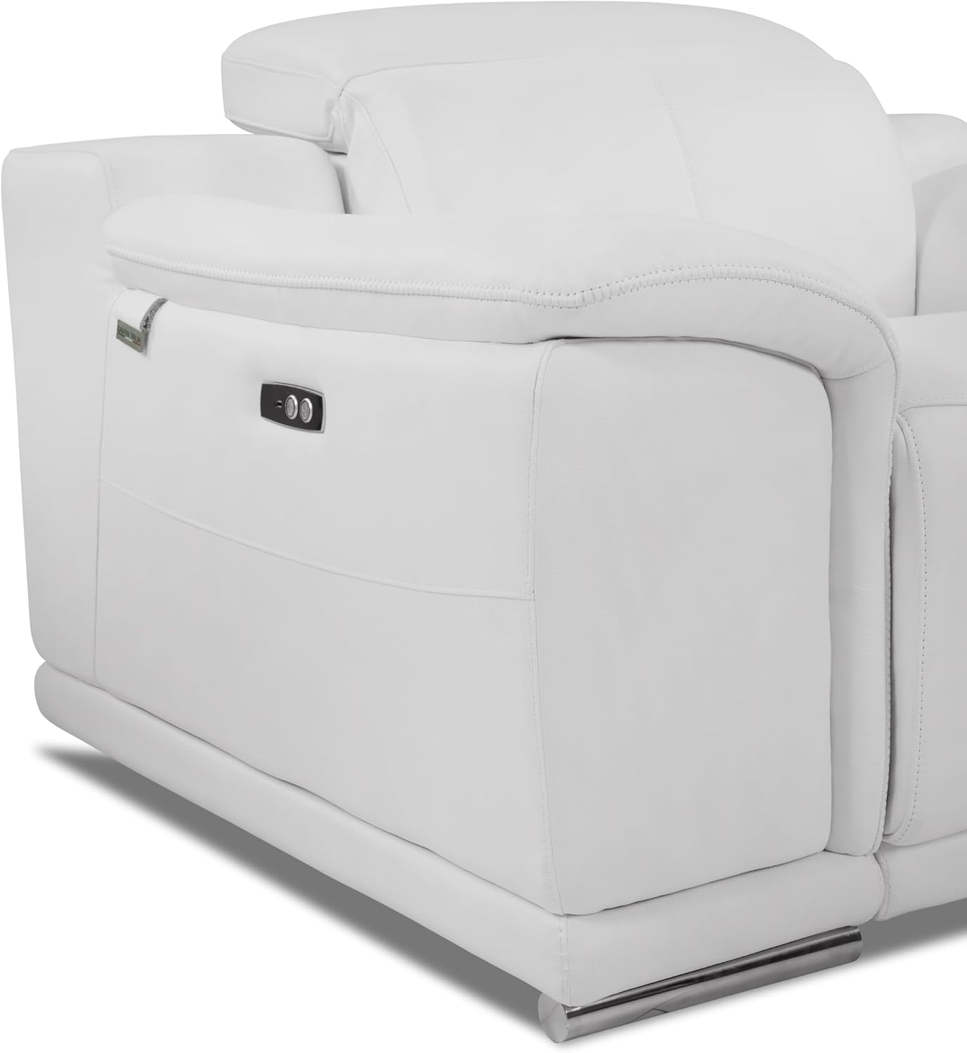 Global United 87 Inch Genuine Italian Leather Power Reclining Sofa, Top Grain Leather, Kiln-Dried Hardwood Frame, Stainless Steel Chrome Legs, White
