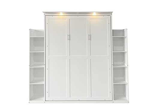 Queen Size Murphy Bed Wall Bed with 2 Side Cabinet Storage Shelf & Desk Combo,68-inch Vertical Wall Bedframe w/Can Be Folded for Bedroom Guest Room Small Space, White