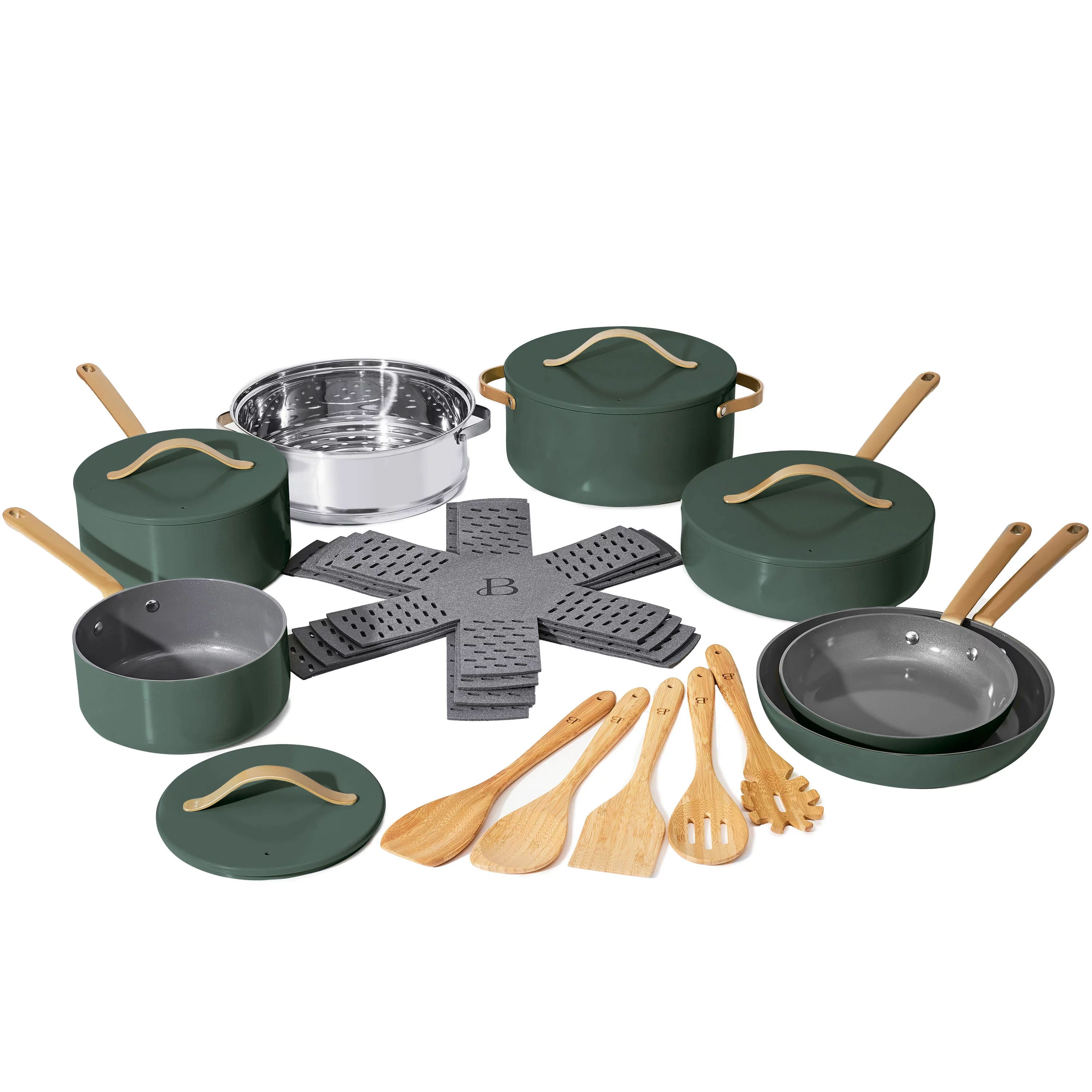 Beautiful 20pc Ceramic Non-Stick Cookware Set, Thyme Green by Drew Barrymore