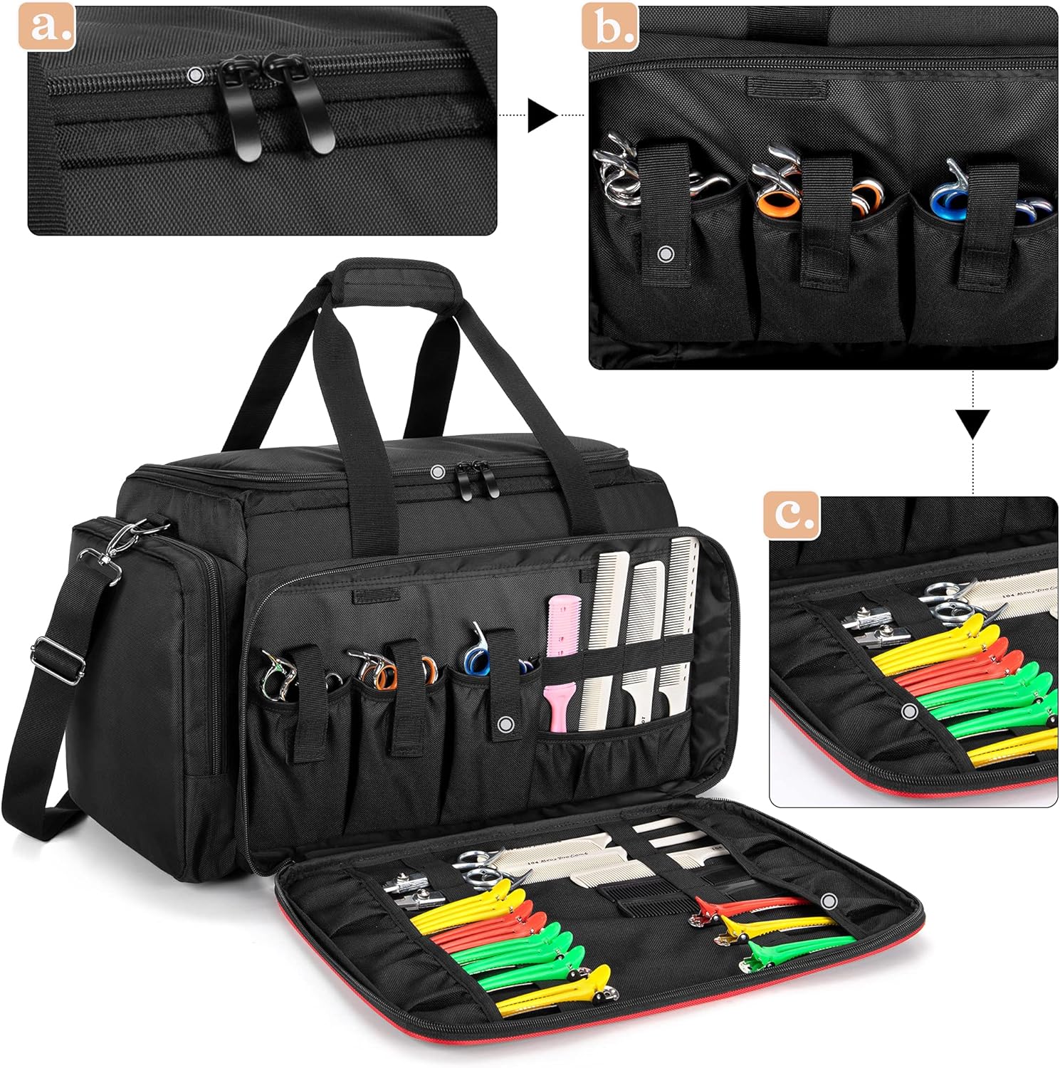 BAFASO Large Barber Bag with Adjustable Dividers, Travel Barber Case Holds Various Hair Cutting Tools (Bag Only), Black