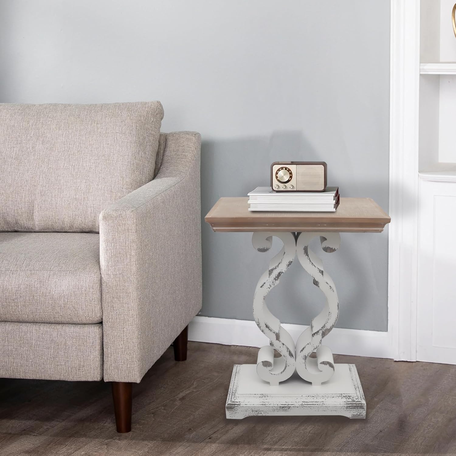Rustic Wood Rectangle End Table, French Country Accent Side Table, Farmhouse Wood Accent Table for Bedroom Living Room, 19.75 x 11.75 x 27.5 Inches