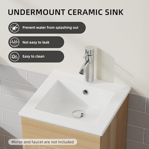 16” Bathroom Vanity Sink Combo for Small Space, Pedestal White Sink Storage Cabinet with 2 Doors, Oak