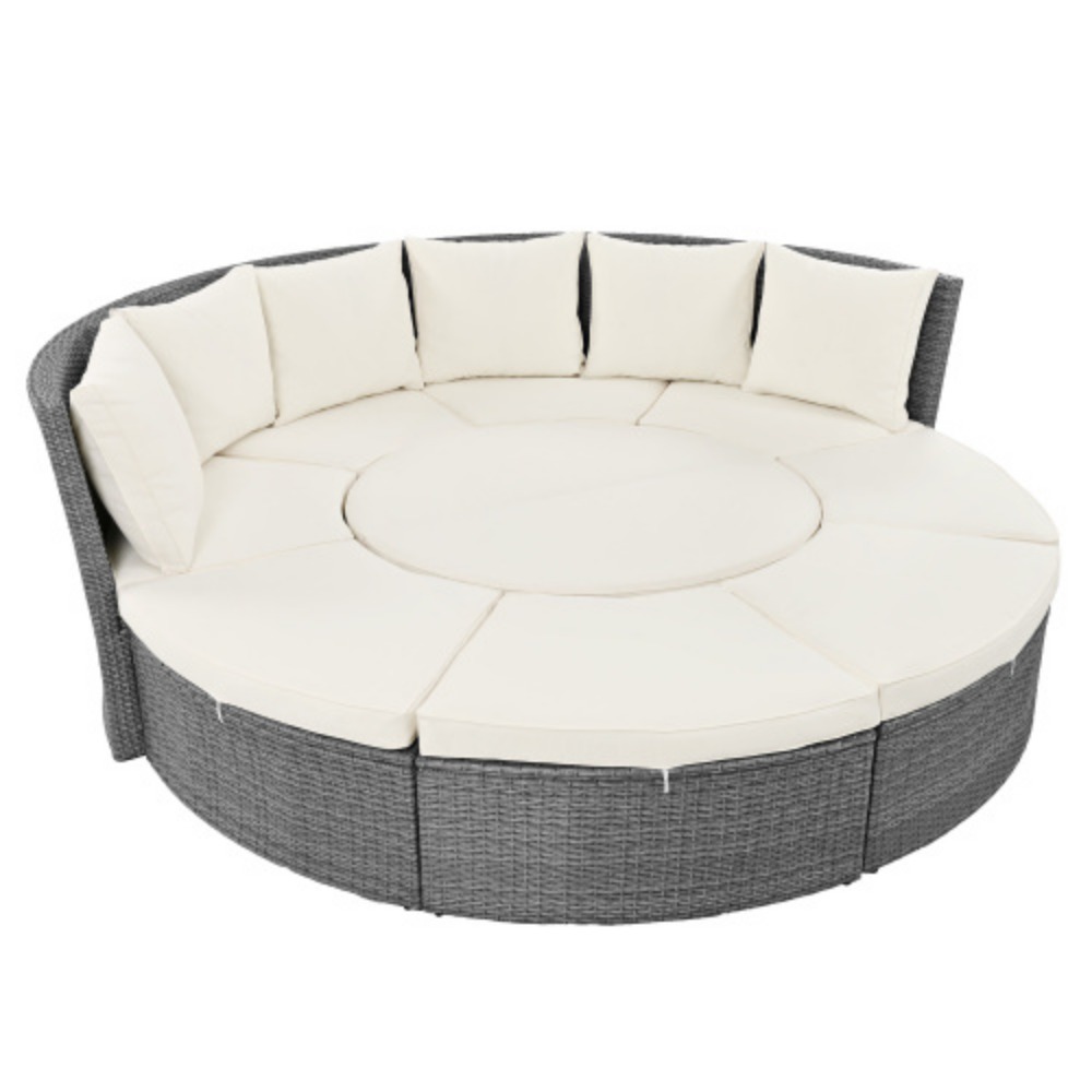 TOPMAX Patio 5-Piece Round Rattan Sectional Sofa Set All-Weather PE Wicker Sunbed Daybed with Round Liftable Table and Washable Cushions for Outdoor Backyard Poolside Beige + Rattan + Foam