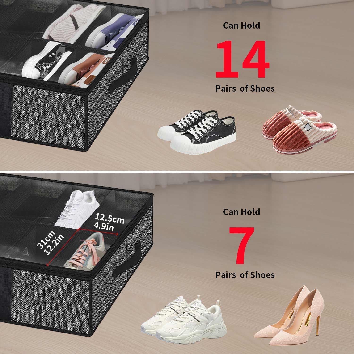 Under Bed Shoe Storage Organizer with Sturdy Handles and Clear Window  Premium Foldable Underbed Shoes Container Box for Closet, Linen-like Black