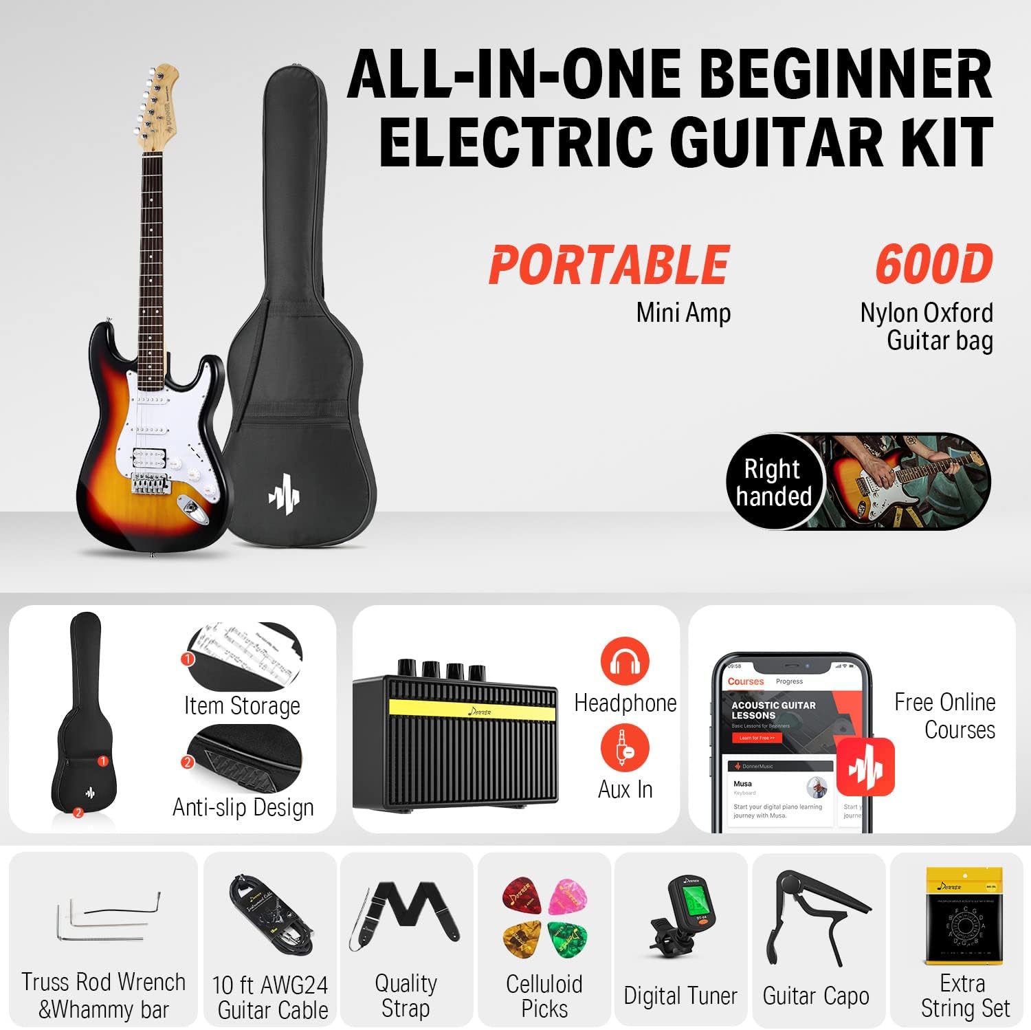 Donner DST-100S 39 Inch Full Size Electric Guitar Kit with Guitar Audio Interface