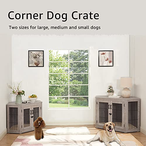 beeNbkks Furniture Dog Crate Corner, Dog Kennel Corner Wooden End Table with Cushion, Indoor Pet Crates Corner Side Table for Dogs, Wide Top Perfect for Limited Room(Large, Weathered Gray)