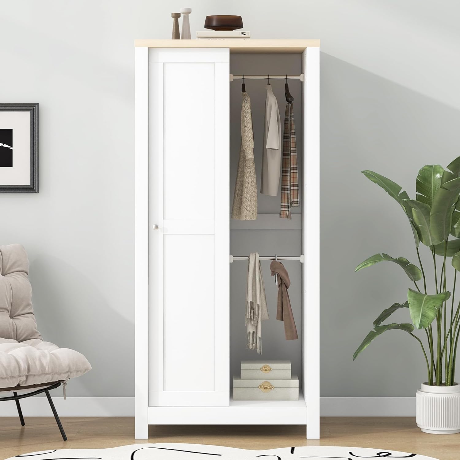 68.30 inch Wardrobe Closet Organizer with 2 Drawers, Open Shelves and Hanging Rods Slim Wooden Armoire Sliding Door Functional Clothes Storage Cabinet for Bedroom, White